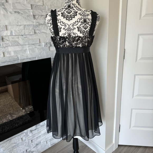 Marchesa Notte 100% Silk Two Layer Dress Floral Mesh Top Rufgle Strap Black 6 - Picture 6 of 11